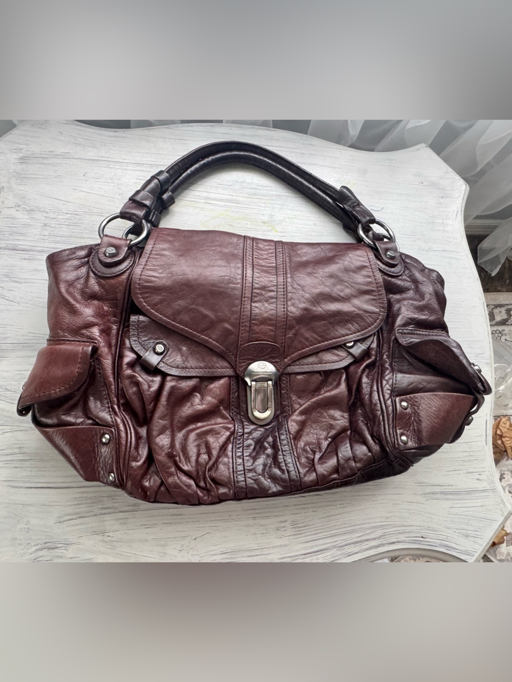 Francesco Biasia Brown Distressed Leather Satchel Shoulder Bag Italy